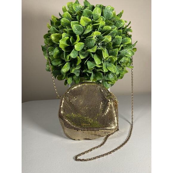 Paola Del Lungo Purse Small Shiny Metallic Gold Mesh Round Cocktail Wedding MINT - Picture 2 of 8